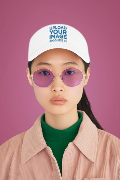 Dad Hat Mockup of an AI-Generated Woman With Colorful Sunglasses Posing in a Studio Setting