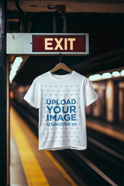Mockup of an AI-Generated T-Shirt Hanging on an Exit Sign in a Subway Station m54323
