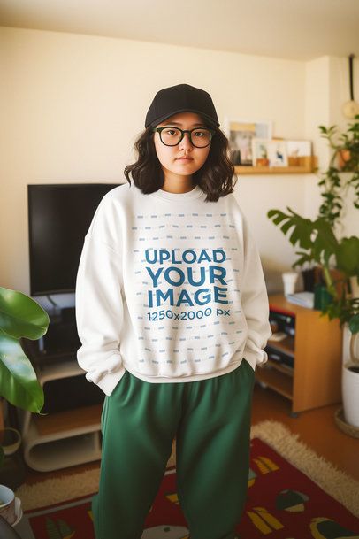 Sweatshirt Mockup Featuring an AI-Created Woman Standing in a Living Room m56392