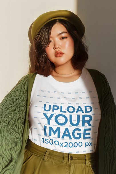 Round-Neck T-Shirt Mockup of an AI-Generated Woman Posing Against a Wall m56444