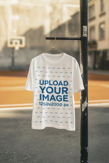 AI-Created Mockup Featuring a T-Shirt Placed on a Hanger in a Basketball Court