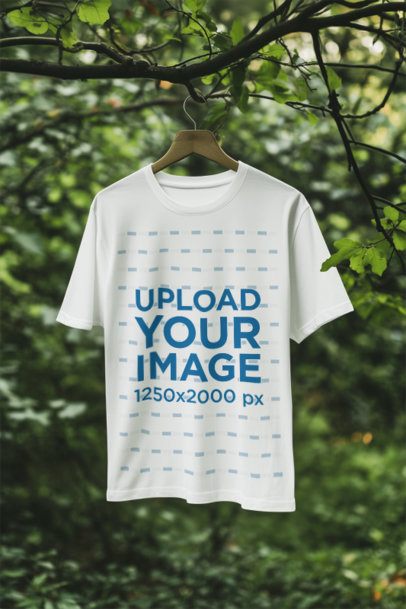 AI-Created Mockup Featuring a Round-Neck T-Shirt Hanging From a Tree m54334