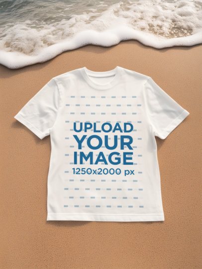 Mockup of an AI-Generated T-Shirt Lying on the Beach Near the Sea m54338