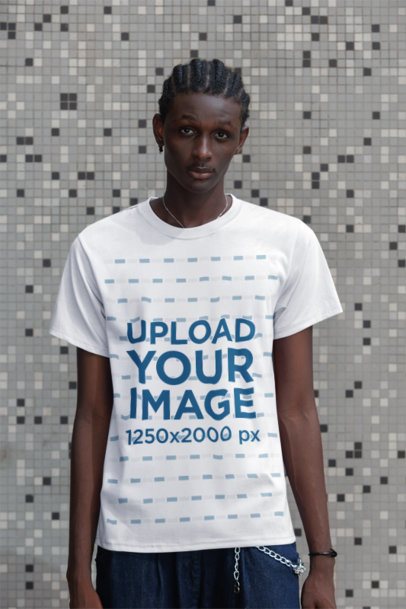 Round-Neck T-Shirt Mockup Featuring a Man Posing With a Serious Look Against a Mosaic Wall m55888