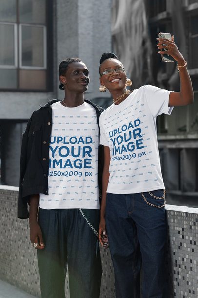 T-Shirt Mockup Featuring a Happy Woman Taking a Selfie With a Smiling Man