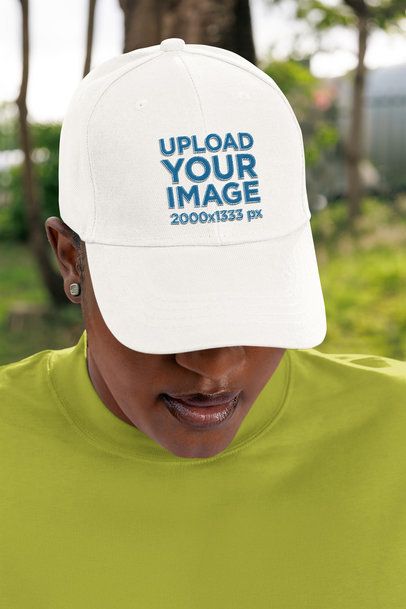 Embroidered Dad Hat Mockup of a Woman With a Serious Expression Looking Down