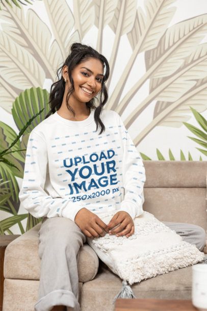 Sweatshirt Mockup of a Happy Woman Posing in a Nice and Cozy Living Room m55378