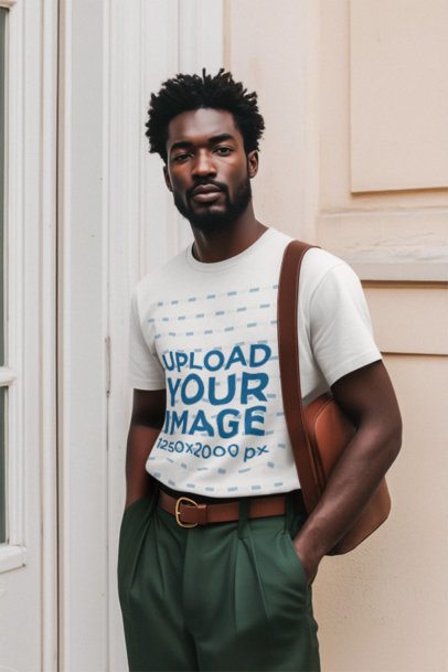 T-Shirt Mockup Featuring an AI-Created Bearded Man Posing Outside a Building m56440