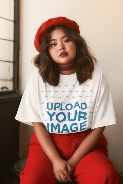 Oversized T-Shirt Mockup Featuring an AI-Created Woman Sitting Next to a Window m56443