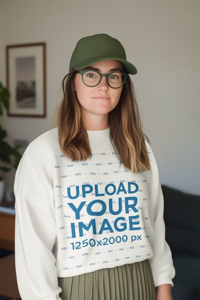Sweatshirt Mockup of an AI-Generated Woman Posing With a Casual Look in a Living Room m56391