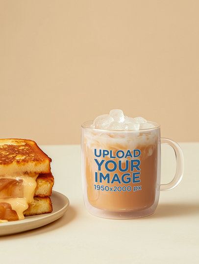 AI-Created Mockup Featuring a Clear Glass Mug Filled With Iced Latte Placed on a Table With a Grilled Cheese Sandwich m54818