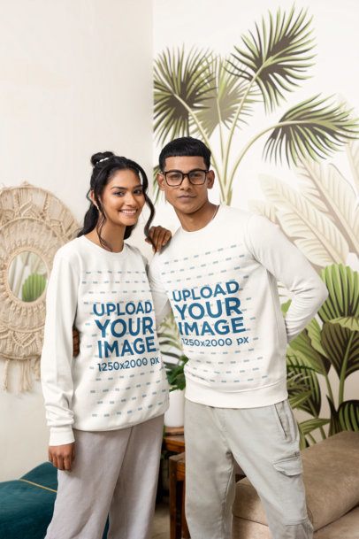 Sweatshirt Mockup Featuring a Smiling Woman Posing With a Man in a Cozy Living Room m55372