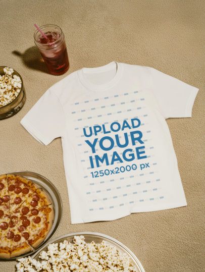 Mockup of an AI-Generated T-Shirt Lying on the Floor With Pizza and Popcorn m54336