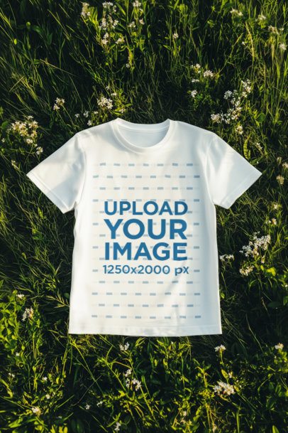 Mockup of an AI-Generated T-Shirt Lying on the Grass Surrounded by Flowers m54329