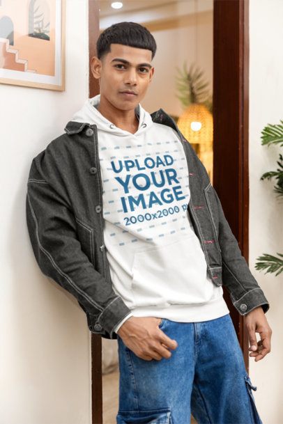 Pullover Hoodie Mockup Featuring a Man Standing in a Cozy Homemade Setting m55441