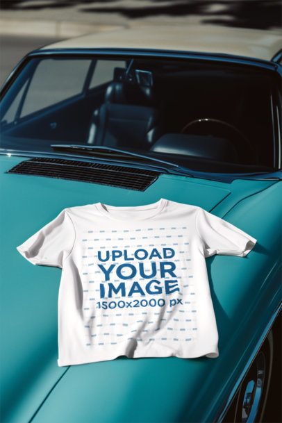 Mockup Featuring an AI-Created T-Shirt Lying on the Top of a Vintage Car m54319