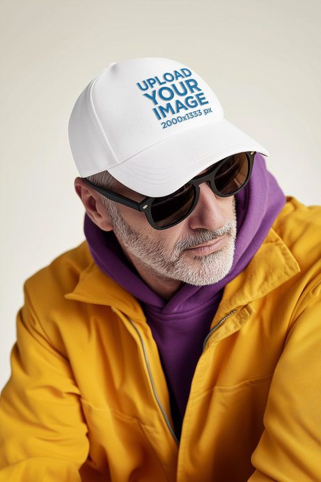 Dad Hat Mockup Featuring an AI-Created Bearded Man With Sunglasses Posing in a Studio