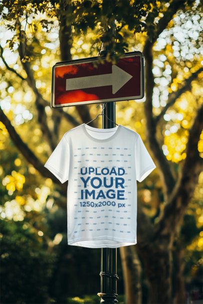 AI-Generated Mockup of a Round-Neck T-Shirt Placed on a Hanger in a Driving Sign m54322