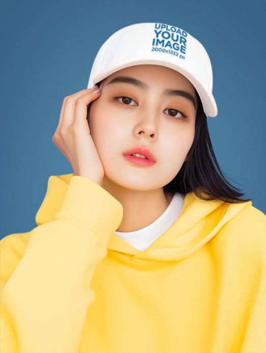 Dad Hat Mockup Featuring an AI-Created Woman Posing With a Serious Expression in a Solid Color Set