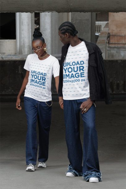 T-Shirt Mockup Featuring a Sweet Couple Holding Hands in an Urban Setting