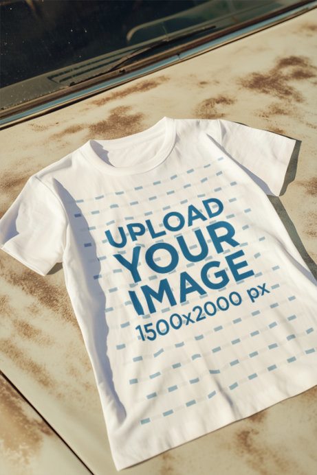 Mockup of an AI-Generated Crewneck T-Shirt Lying on a Car Hood
