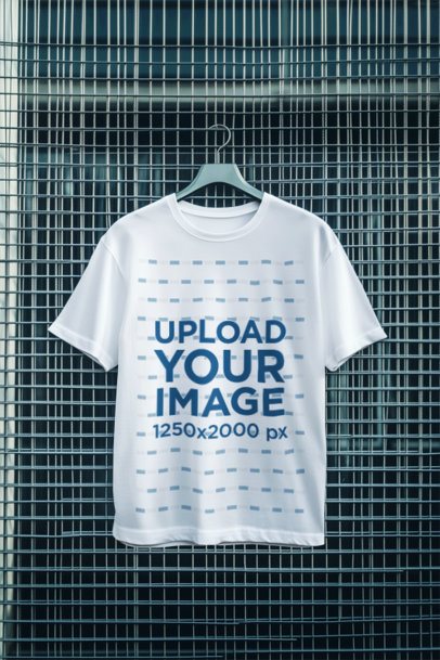 AI-Created Mockup Featuring a Round-Neck T-Shirt Hanging on a Steel Grid m54324