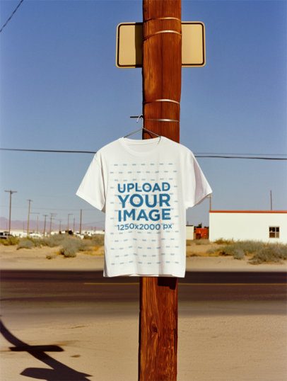 Mockup of an AI-Generated T-Shirt Placed on a Hanger on a Wooden Pole m54342
