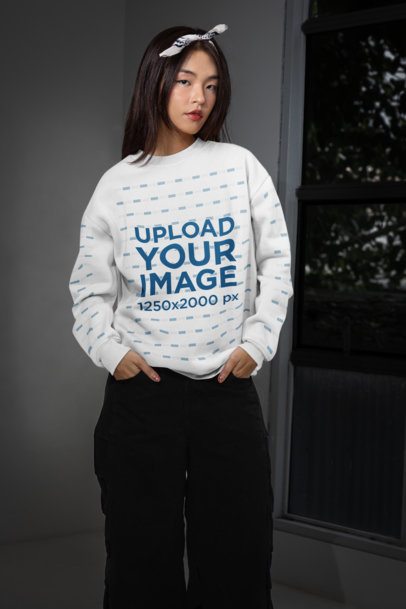 Sweatshirt Mockup of a Woman Standing Near a Window With a Serious Expression m54152