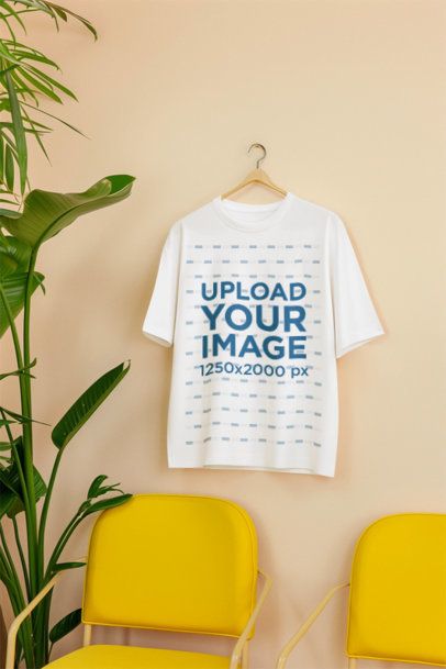 AI-Created Mockup Featuring a Round-Neck T-Shirt Hanging on a Wall in a Nice Waiting Room m54348