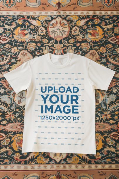 Mockup of an AI-Generated T-Shirt Lying on an Artistic Painted Rug m54345