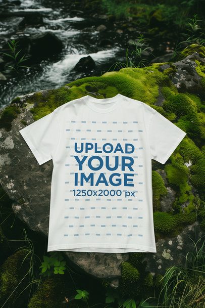 Mockup of an AI-Generated T-Shirt Lying on a Rock Near a River m54346