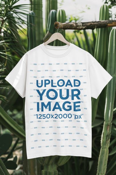 Mockup of an AI-Generated Round-Neck Tee Hanging From a Branch m54347