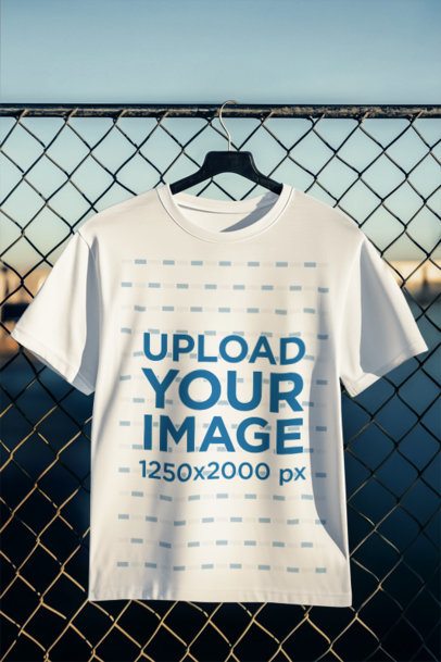Mockup Featuring an AI-Created T-Shirt Hanging on a Wire Fence m54332