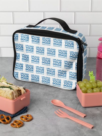 Mockup of a Lunch Bag Placed on a Kitchen Table With Healthy Food m57815