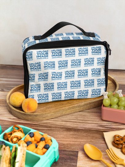 Sublimated Lunch Bag Mockup Featuring a Wooden Table With Healthy Snacks m57821
