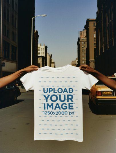 Mockup of Two AI-Generated Persons Holding a T-Shirt Against the Street m54340