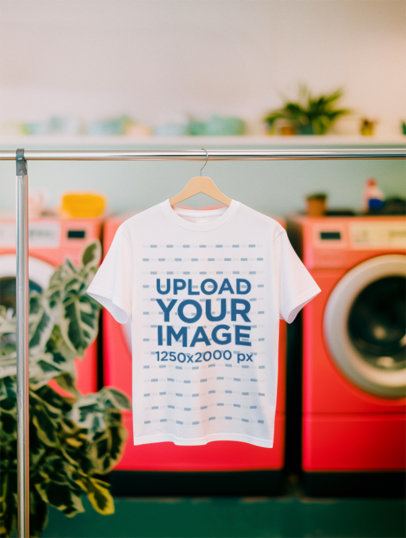 AI-Created Mockup Featuring a Round Neck T-Shirt Placed on a Hanger in a Laundry m54341