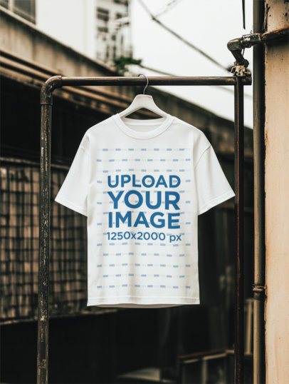 AI-Created Mockup Featuring a Round-Neck Tee Hanging From a Steel Pole in an Urban Setting m54344