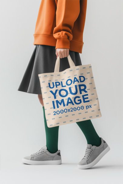 Mockup of an AI-Generated Woman Walking in a Studio With a Tote Bag