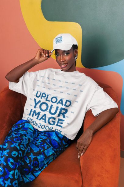 Dad Hat Mockup of a Smiling Woman in an Oversized T-Shirt Sitting on a Colorful Couch