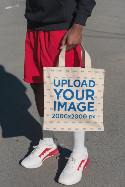 AI-Created Mockup Featuring a Man in a Sporty Style Carrying a Tote Bag in the Street m55078