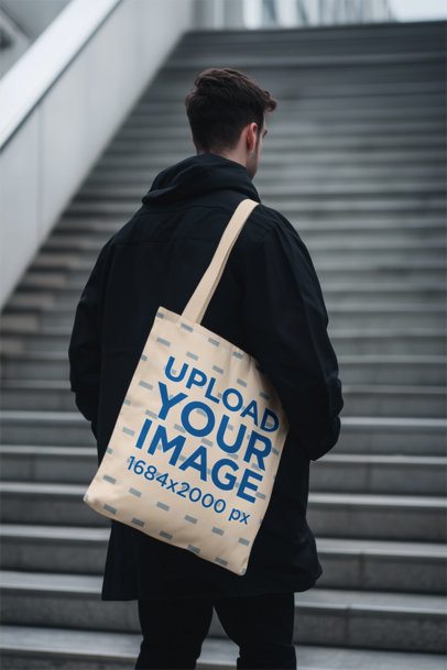 Mockup of an AI-Generated Man Carrying a Tote Bag While Climbing the Stairs