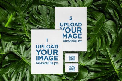 Folder Mockup Featuring a Paper Sheet and Two Business Cards in a Botanical-Themed Background