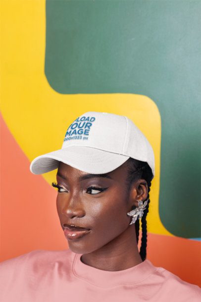 Dad Hat Mockup Featuring a Woman Posing Against a Painted Wall m57303