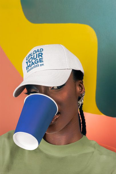 Embroidered Dad Hat Mockup of a Woman With a Paper Cup on Her Mouth m57304