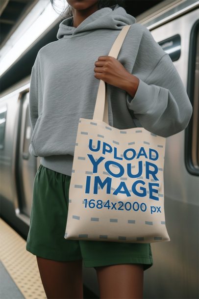 Mockup of an AI-Generated Woman Carrying a Tote Bag in the Subway m55076
