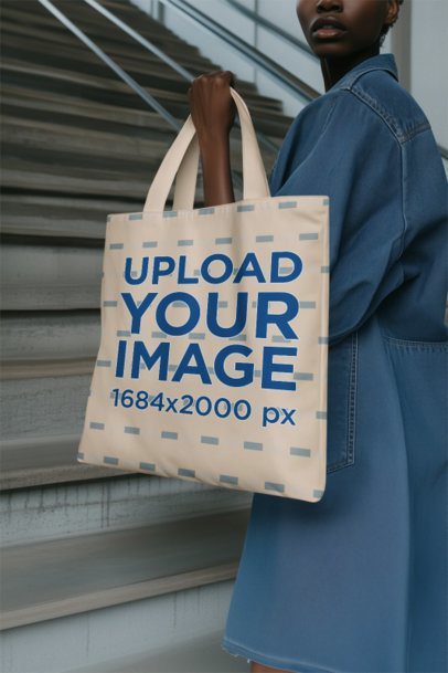 Mockup Featuring an AI-Created Cropped-Face Woman Carrying a Tote Bag While Going Upstairs m55079