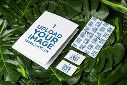 Folder Mockup Featuring an Envelope and Two Business Cards in a Botanical-Themed Background m57549