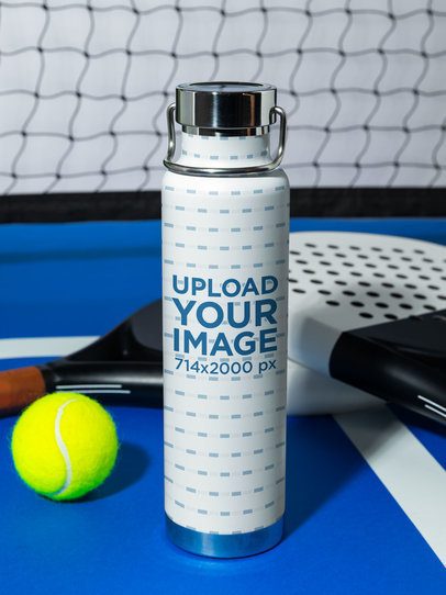 Mockup of a Copper Vacuum Insulated Bottle Placed on a Padel Court