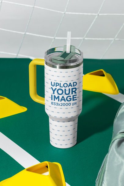 Mockup of a Sublimated Stanley Tumbler Placed on a Soccer Field m57962